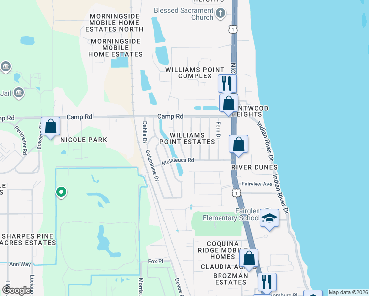 map of restaurants, bars, coffee shops, grocery stores, and more near 6976 Ash Drive in Cocoa