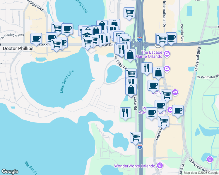 map of restaurants, bars, coffee shops, grocery stores, and more near Sound Rd in Orlando