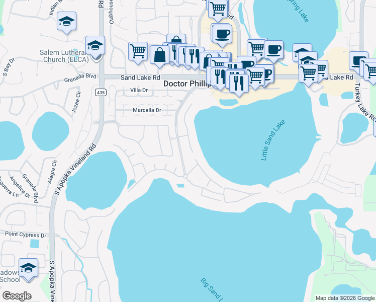 map of restaurants, bars, coffee shops, grocery stores, and more near 8349 Vía Rosa in Orlando
