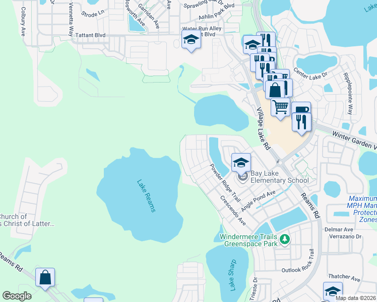 map of restaurants, bars, coffee shops, grocery stores, and more near 8266 Bryce Canyon Avenue in Windermere