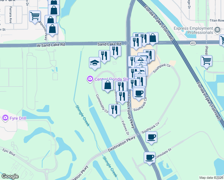 map of restaurants, bars, coffee shops, grocery stores, and more near 8810 Commodity Circle in Orlando