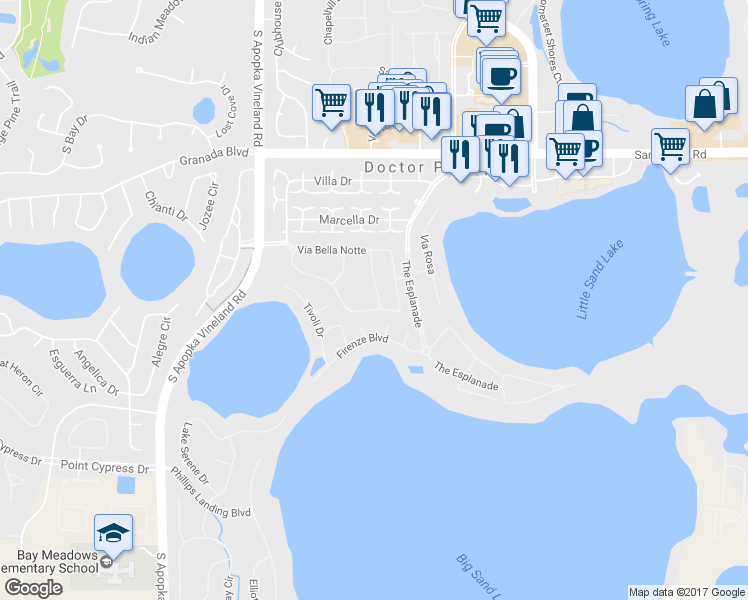 map of restaurants, bars, coffee shops, grocery stores, and more near 8321 Vía Bella Notte in Orlando