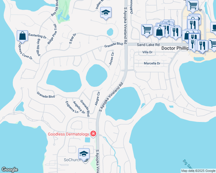 map of restaurants, bars, coffee shops, grocery stores, and more near 8432 Tangelo Tree Drive in Orlando