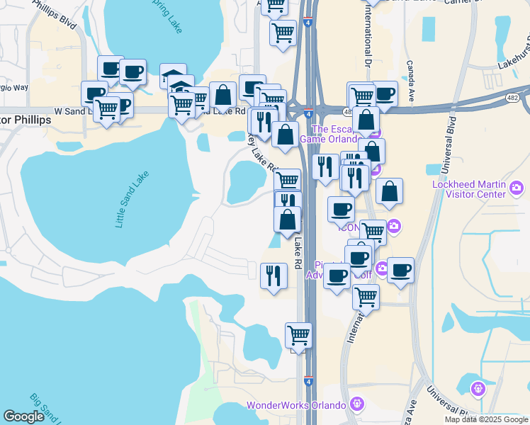 map of restaurants, bars, coffee shops, grocery stores, and more near 6410 Sand Lake Sound Road in Orlando
