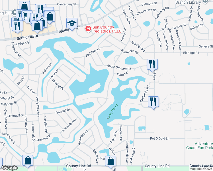 map of restaurants, bars, coffee shops, grocery stores, and more near 567 Waterfall Drive in Spring Hill