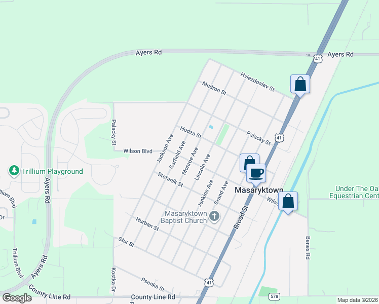 map of restaurants, bars, coffee shops, grocery stores, and more near 512 Monroe Avenue in Masaryktown