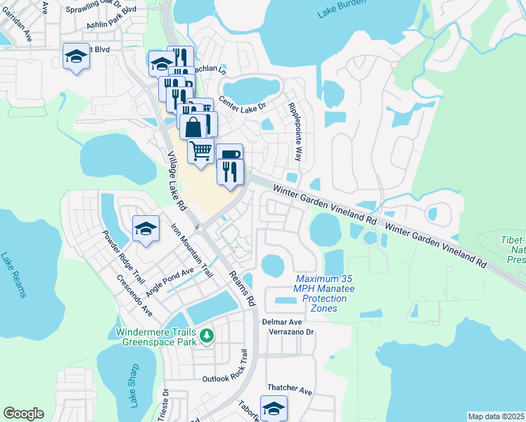 map of restaurants, bars, coffee shops, grocery stores, and more near 8477 Leeland Archer Boulevard in Orlando