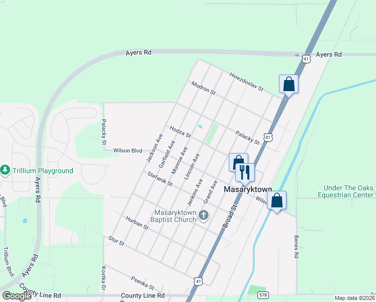 map of restaurants, bars, coffee shops, grocery stores, and more near 512 Monroe Avenue in Masaryktown