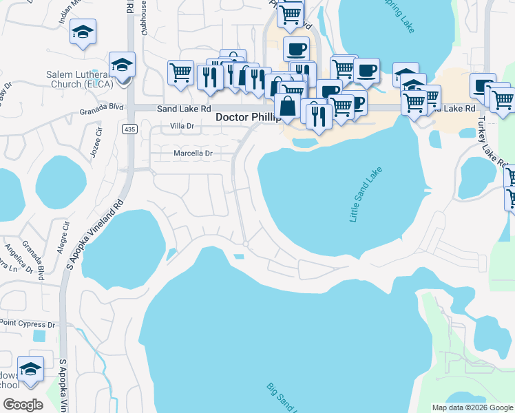 map of restaurants, bars, coffee shops, grocery stores, and more near 8349 Vía Rosa in Orlando
