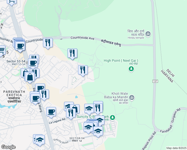 map of restaurants, bars, coffee shops, grocery stores, and more near Golf Course Extension Road in Gurugram