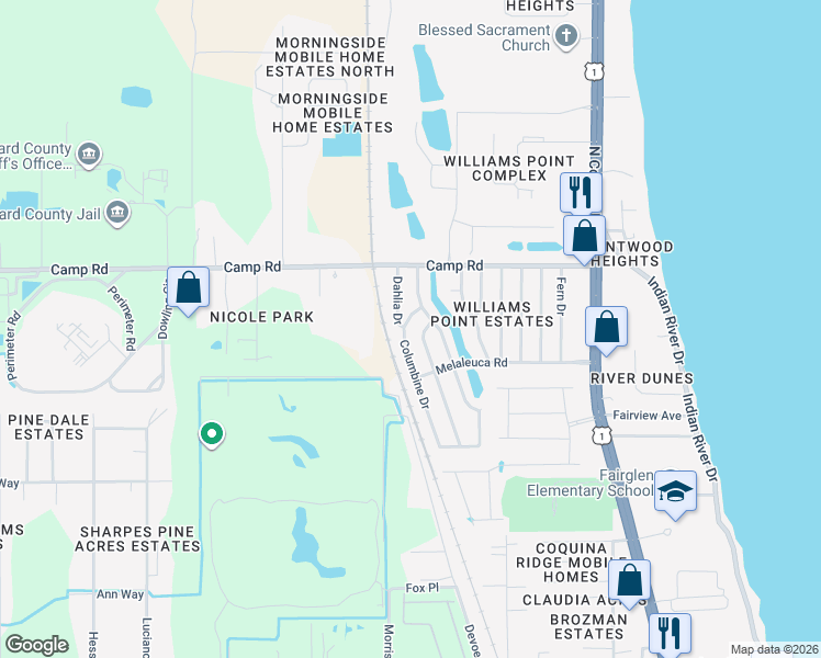 map of restaurants, bars, coffee shops, grocery stores, and more near 6936 Columbine Drive in Cocoa