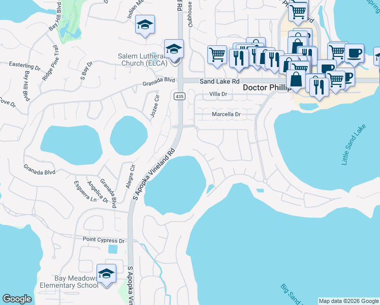 map of restaurants, bars, coffee shops, grocery stores, and more near 8200 Tivoli Drive in Orlando