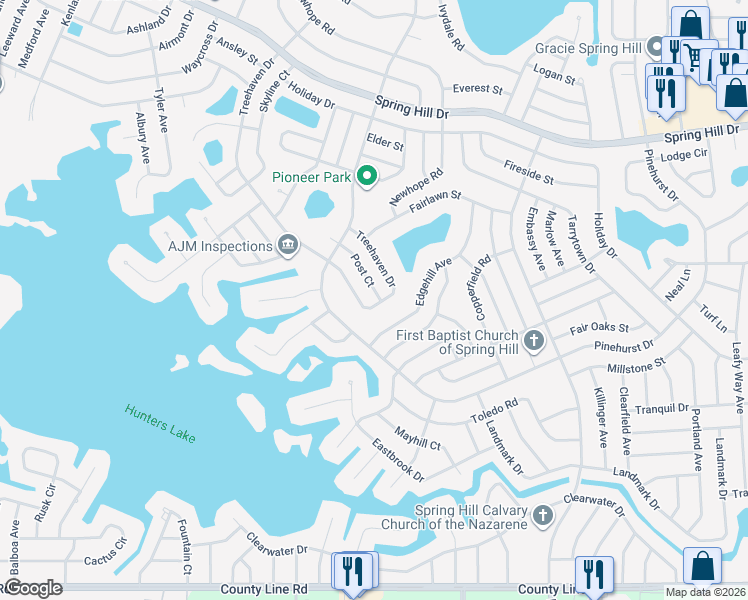 map of restaurants, bars, coffee shops, grocery stores, and more near 6819 Treehaven Drive in Spring Hill