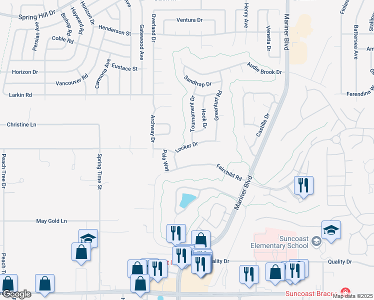 map of restaurants, bars, coffee shops, grocery stores, and more near 10308 Locker Drive in Spring Hill