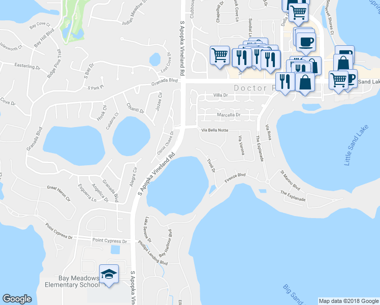 map of restaurants, bars, coffee shops, grocery stores, and more near 8200 Tivoli Drive in Orlando