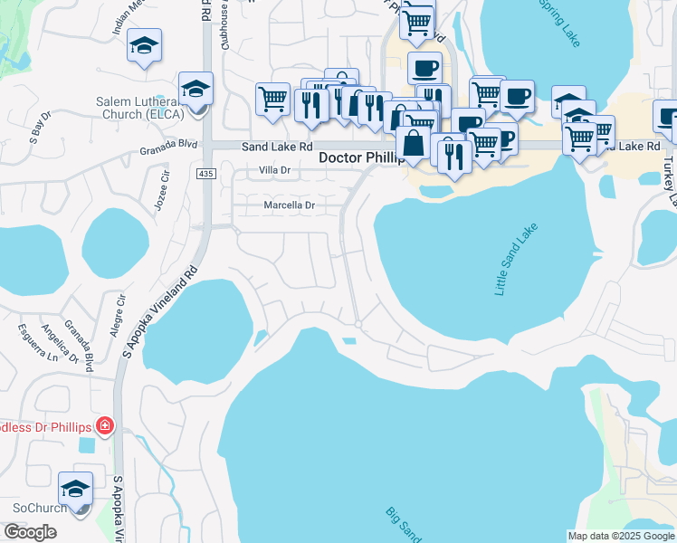 map of restaurants, bars, coffee shops, grocery stores, and more near 8138 Vía Bella Notte in Orlando