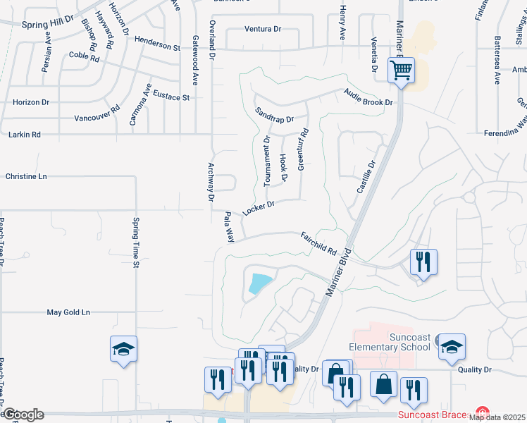 map of restaurants, bars, coffee shops, grocery stores, and more near 10308 Locker Drive in Spring Hill