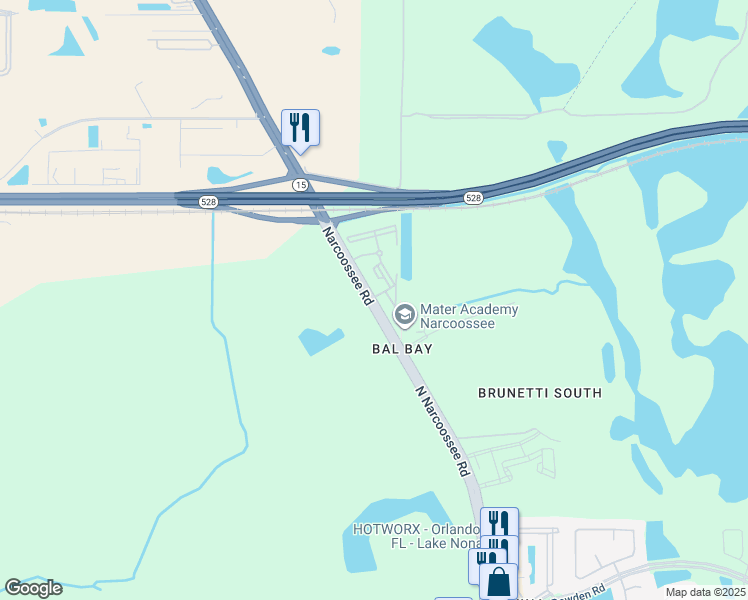 map of restaurants, bars, coffee shops, grocery stores, and more near 8385 Narcoossee Road in Orlando