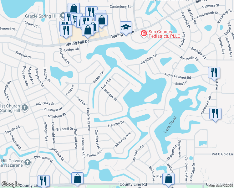 map of restaurants, bars, coffee shops, grocery stores, and more near 8038 Lullwater Avenue in Spring Hill