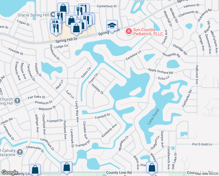 map of restaurants, bars, coffee shops, grocery stores, and more near 8038 Lullwater Avenue in Spring Hill