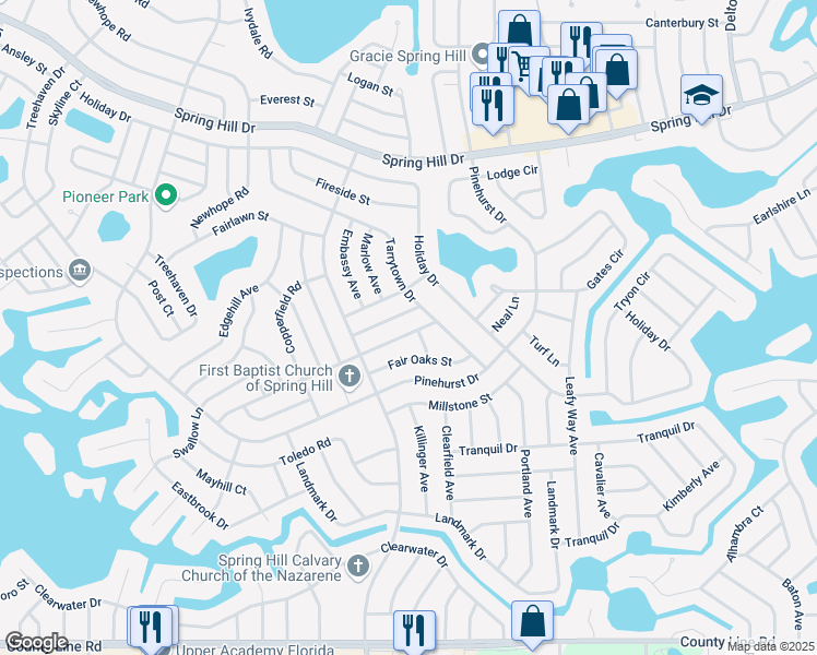 map of restaurants, bars, coffee shops, grocery stores, and more near 7219 Catalina Street in Spring Hill