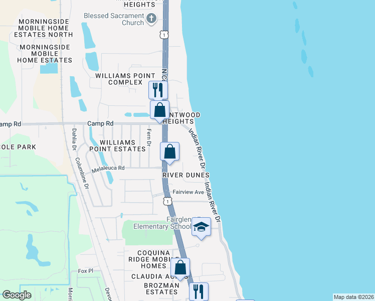 map of restaurants, bars, coffee shops, grocery stores, and more near 180 Dune Lane in Cocoa