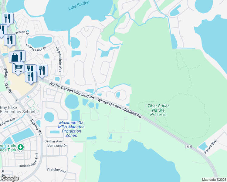 map of restaurants, bars, coffee shops, grocery stores, and more near 8554 Eagles Loop Circle in Windermere