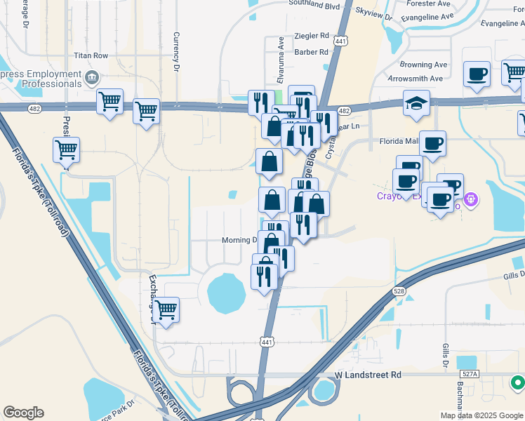 map of restaurants, bars, coffee shops, grocery stores, and more near 8310 Sun Drive in Orlando