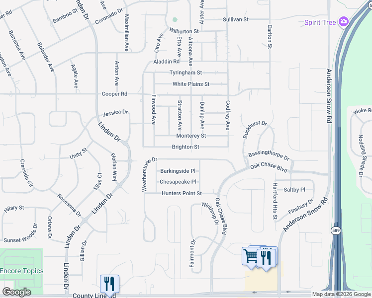 map of restaurants, bars, coffee shops, grocery stores, and more near 13448 Brighton Street in Spring Hill