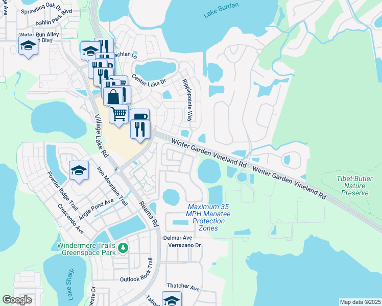 map of restaurants, bars, coffee shops, grocery stores, and more near 8645 Leeland Archer Boulevard in Orlando