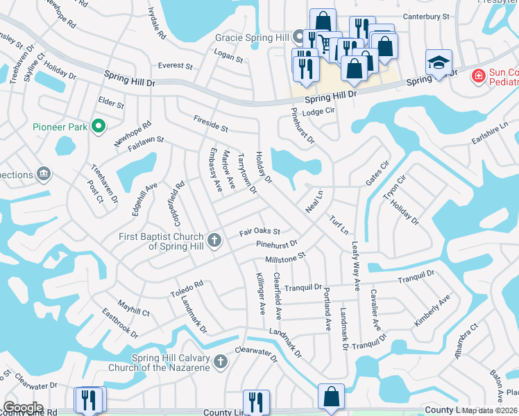 map of restaurants, bars, coffee shops, grocery stores, and more near 7235 Catalina Street in Spring Hill