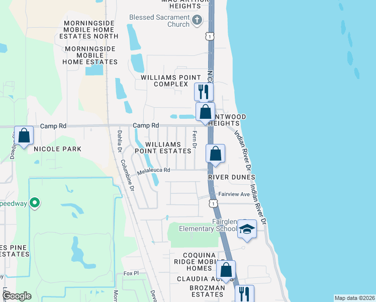 map of restaurants, bars, coffee shops, grocery stores, and more near 6995 Fern Drive in Cocoa