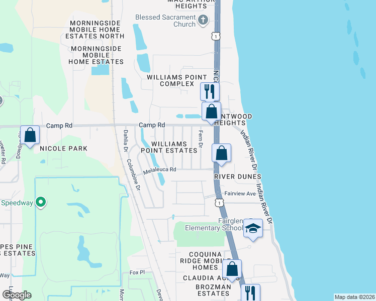 map of restaurants, bars, coffee shops, grocery stores, and more near 6992 Dogwood Drive in Cocoa
