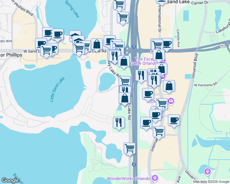 map of restaurants, bars, coffee shops, grocery stores, and more near 6410 Sand Lake Sound Road in Orlando