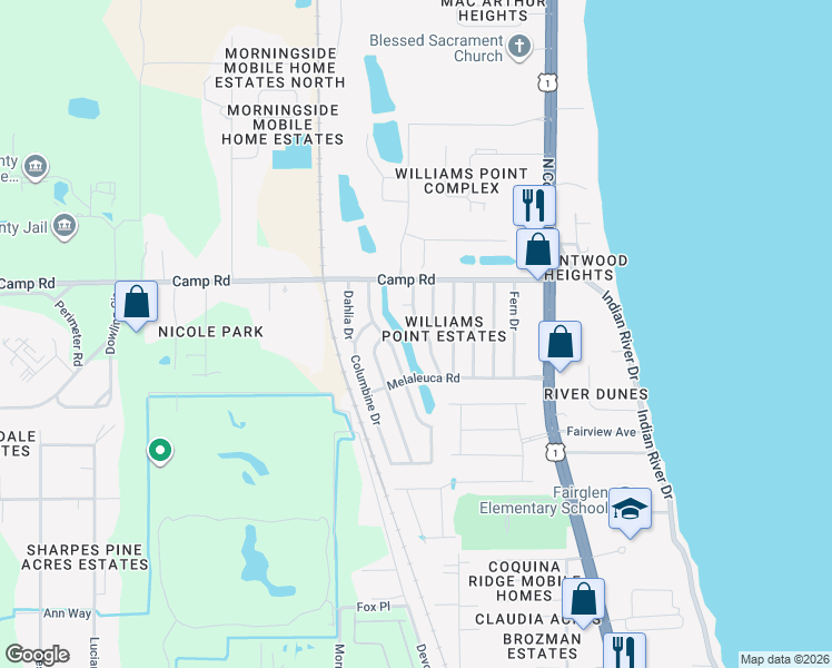 map of restaurants, bars, coffee shops, grocery stores, and more near 6976 Ash Drive in Cocoa