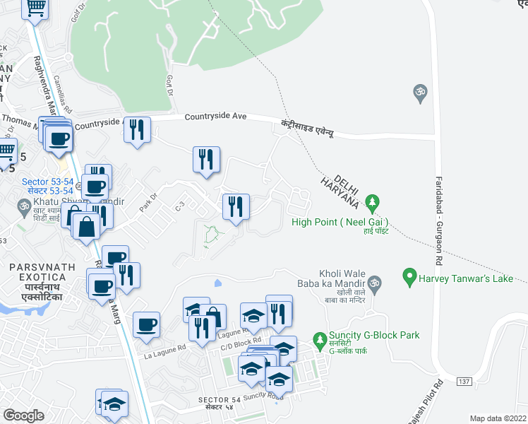 map of restaurants, bars, coffee shops, grocery stores, and more near DLF Golf Course Rd in Gurugram