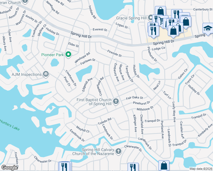 map of restaurants, bars, coffee shops, grocery stores, and more near 470 Stillwater Avenue in Spring Hill