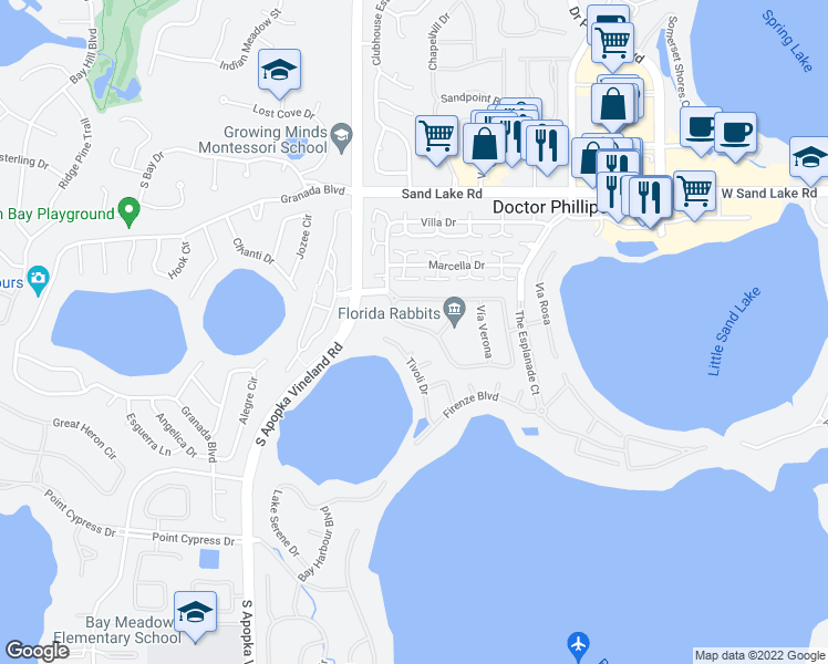 map of restaurants, bars, coffee shops, grocery stores, and more near 8562 Vía Bella Notte in Orlando
