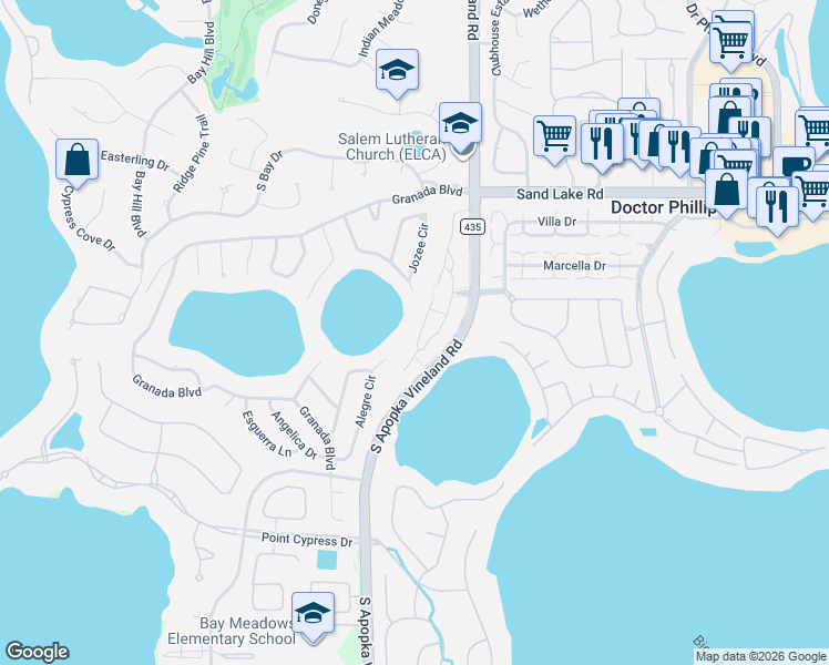 map of restaurants, bars, coffee shops, grocery stores, and more near 8432 Tangelo Tree Drive in Orlando