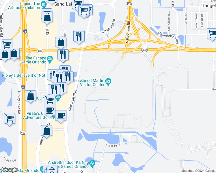map of restaurants, bars, coffee shops, grocery stores, and more near 5600 West Sand Lake Road in Orlando