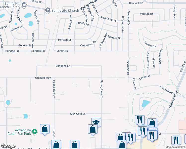 map of restaurants, bars, coffee shops, grocery stores, and more near 10040 Christine Lane in Spring Hill