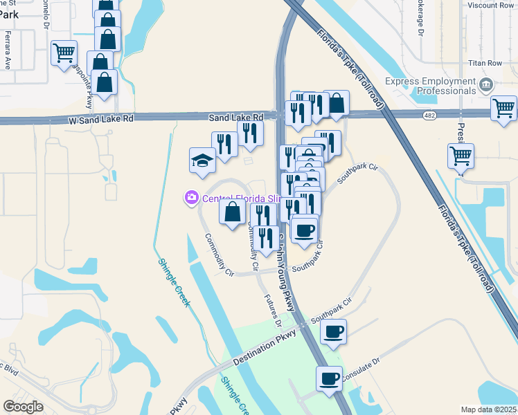 map of restaurants, bars, coffee shops, grocery stores, and more near 8687 Commodity Circle in Orlando