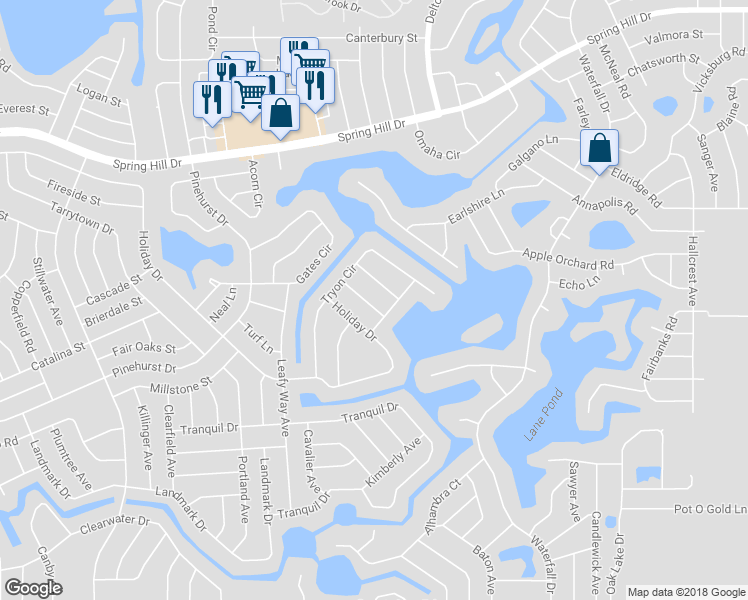 map of restaurants, bars, coffee shops, grocery stores, and more near 8021 Lullwater Avenue in Spring Hill