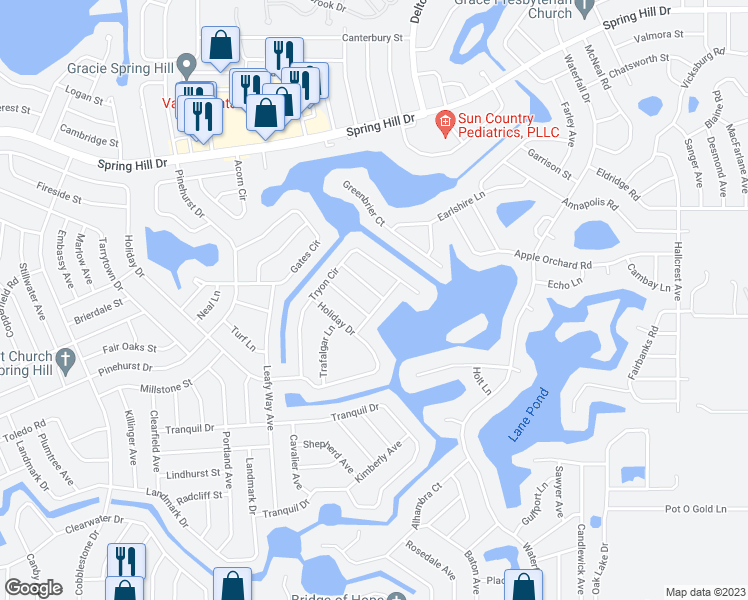map of restaurants, bars, coffee shops, grocery stores, and more near 8060 Timberlake Avenue in Spring Hill