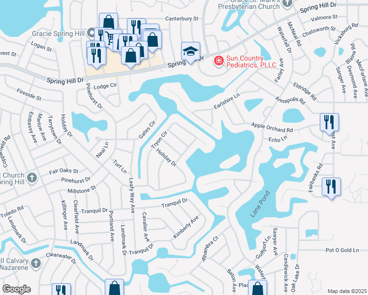 map of restaurants, bars, coffee shops, grocery stores, and more near 8060 Timberlake Avenue in Spring Hill