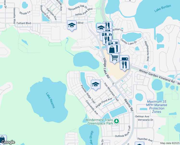 map of restaurants, bars, coffee shops, grocery stores, and more near 8274 Lookout Pointe Drive in Windermere