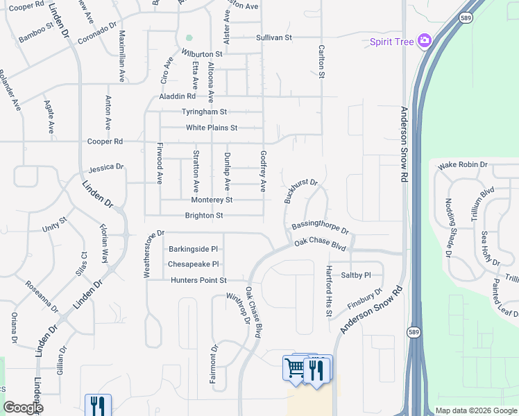 map of restaurants, bars, coffee shops, grocery stores, and more near 14039 Monterey Street in Spring Hill