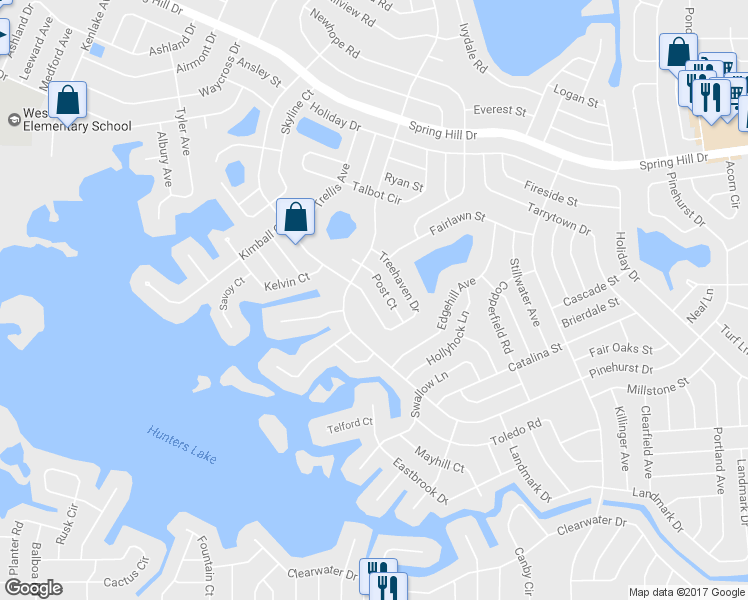 map of restaurants, bars, coffee shops, grocery stores, and more near 6747 Treehaven Drive in Spring Hill