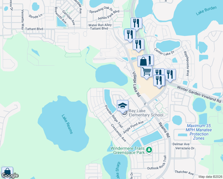 map of restaurants, bars, coffee shops, grocery stores, and more near 8320 Iron Mountain Trail in Windermere
