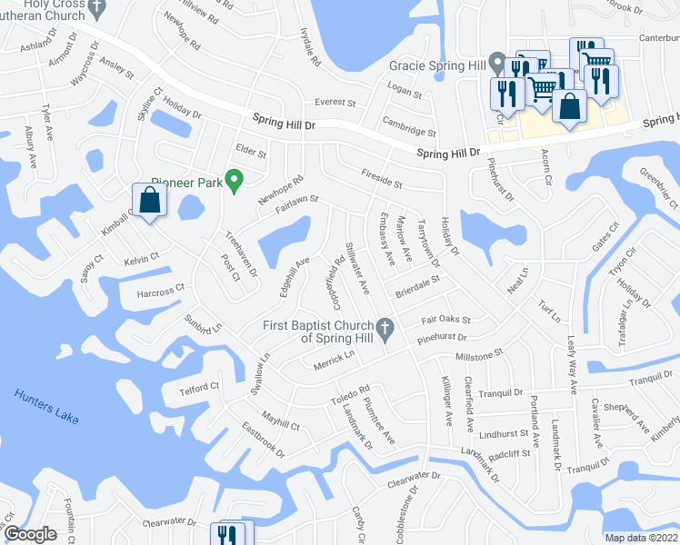 map of restaurants, bars, coffee shops, grocery stores, and more near Merrimac Lane in Spring Hill